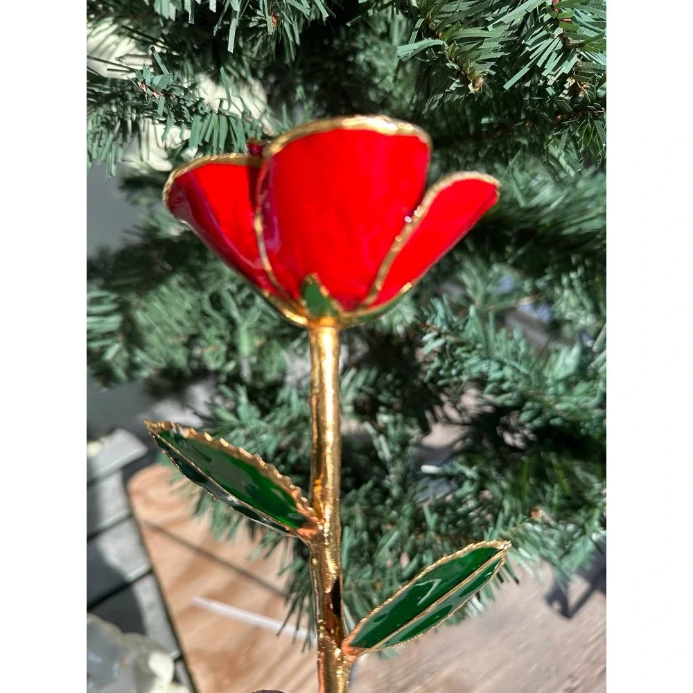 Gold Trimmed Red Rose 24K‎ Style Long Stem Enamel Flower About 11 Inches